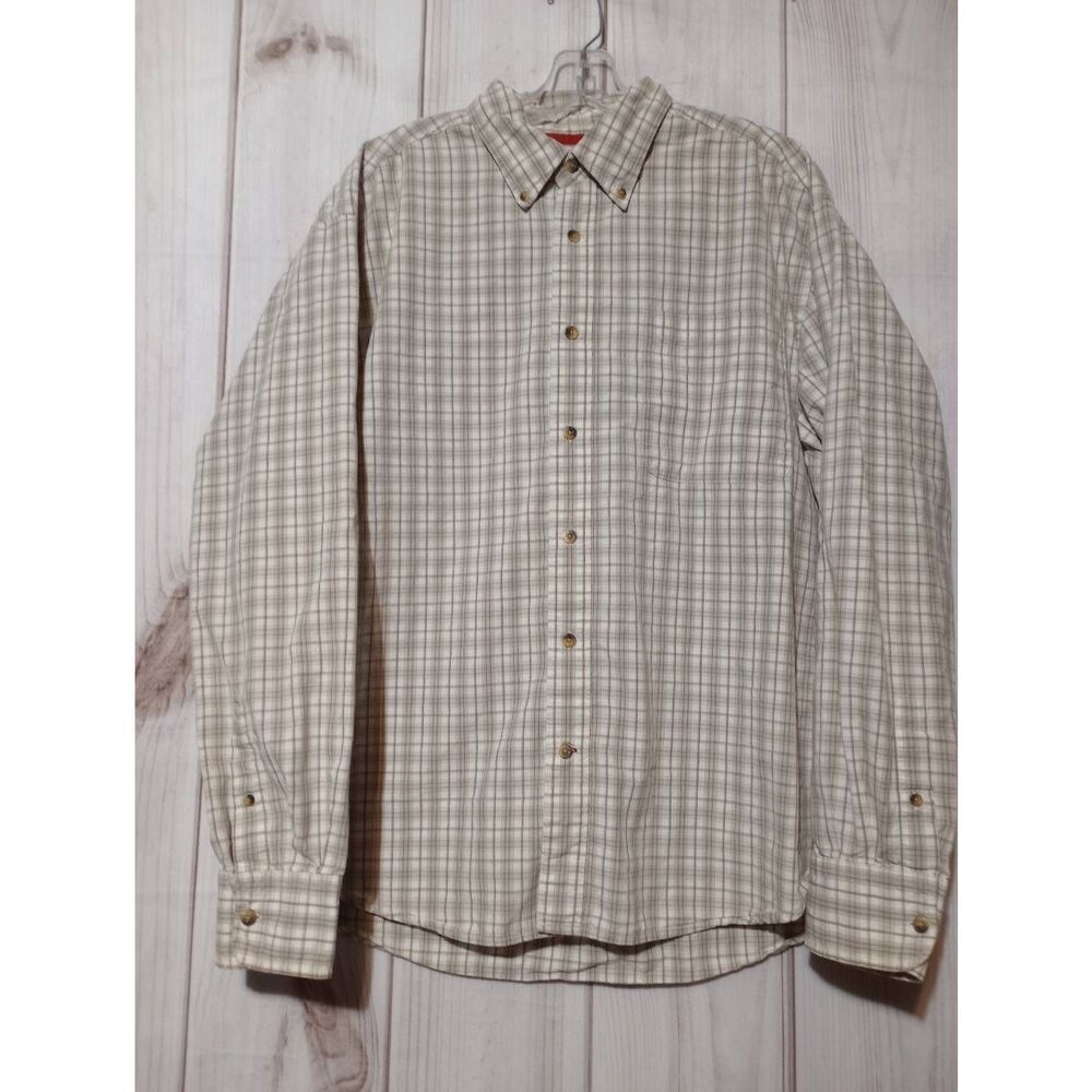 Levi Strauss Signature Mens Large Plaid Button Down Shirt Tan White Cotton L/L